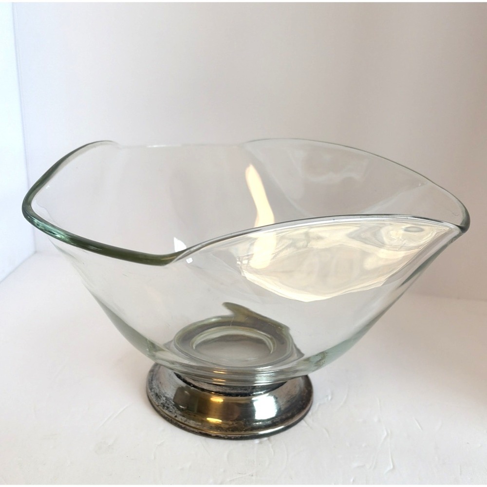 BOWL Clear Glass Fruit/Salad Hexagon Silver Metal Base Vintage‎ Abstract MCM